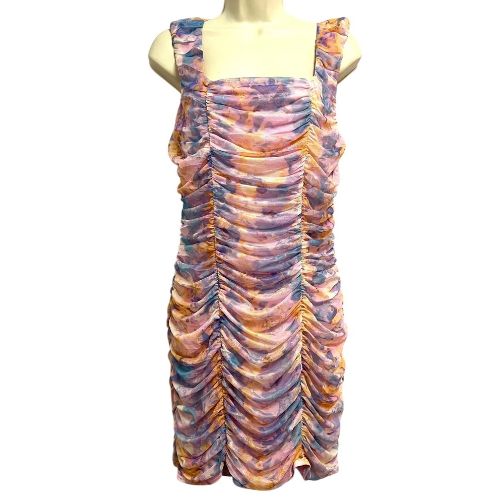BCBGeneration Ruched Mesh Dress Womens Large Pink Floral Bodycon Mini Party‎ Y2K